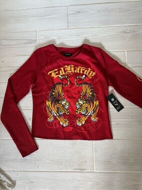 NWT Ed Hardy Red Long Sleeve Tee with Twin Tiger Graphic